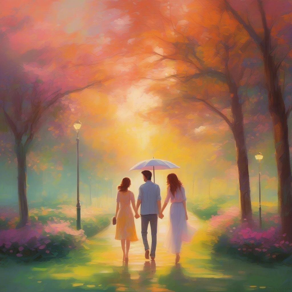 A couple enjoys a romantic evening stroll through a park, sharing an umbrella to protect from the rain. The scene is beautifully illuminated by warm hues of light as the sun sets.