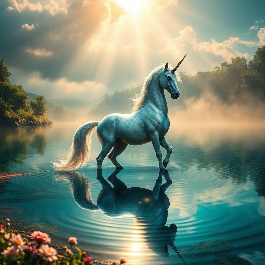 A serene scene featuring a majestic unicorn standing by the edge of a tranquil lake, basking in the warm sunlight that casts gentle ripples on the water's surface. The backdrop is a picturesque forest clearing, adding to the magical atmosphere of this fantasy-themed wallpaper.