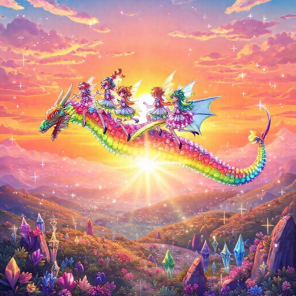 Ce fond d'écran présente une scène époustouflante de filles magiques chevauchant un dragon aux couleurs de l'arc-en-ciel, sur fond vibrant et détaillé.