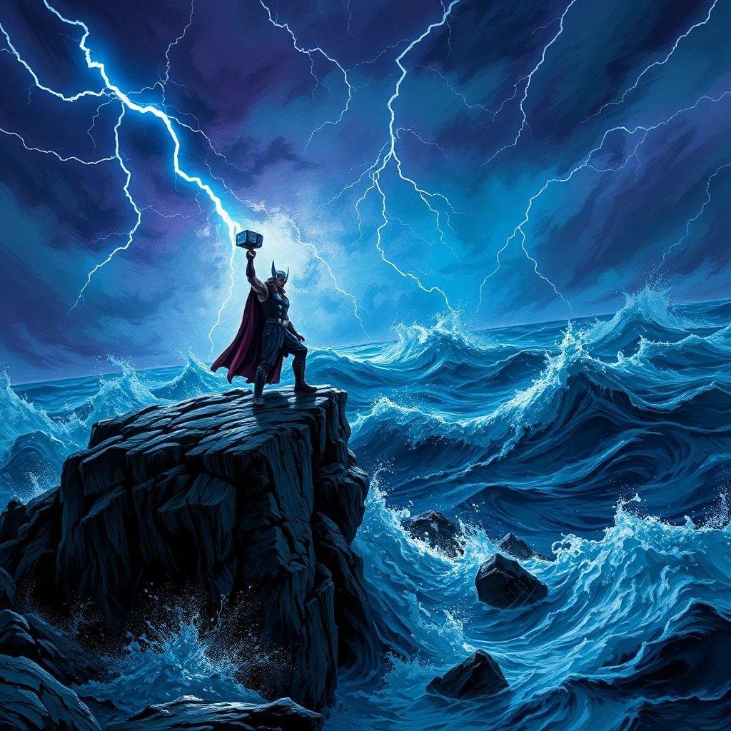 This captivating wallpaper features Thor standing on a rocky outcrop, holding his iconic hammer Mjolnir aloft as lightning illuminates the stormy ocean behind him. The image is a stunning representation of the god of thunder's power and majesty, set against the dramatic backdrop of a turbulent sea.