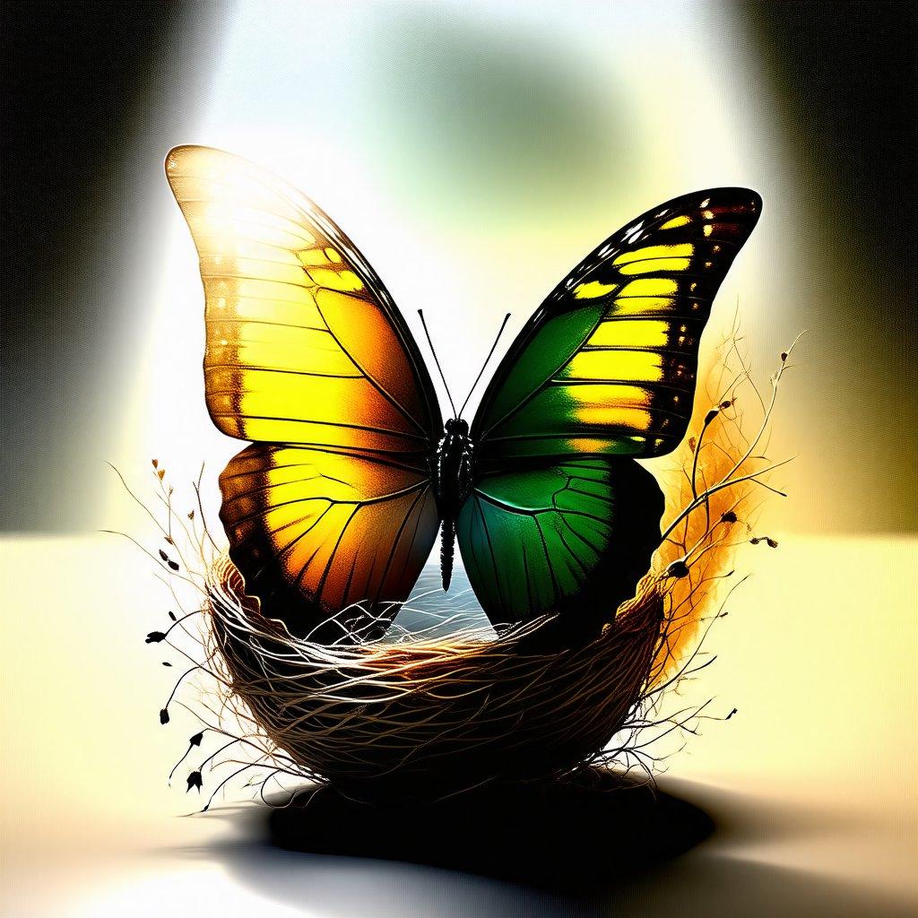 Find your inner light shining bright, just like this vibrant butterfly breaking free from its chrysalis to spread its wings. Let the beauty and symbolism inspire you to embrace your potential.