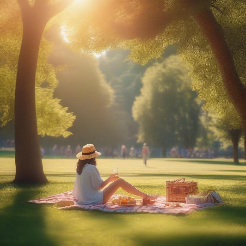 A woman enjoys a peaceful picnic in a picturesque park, surrounded by nature's beauty.