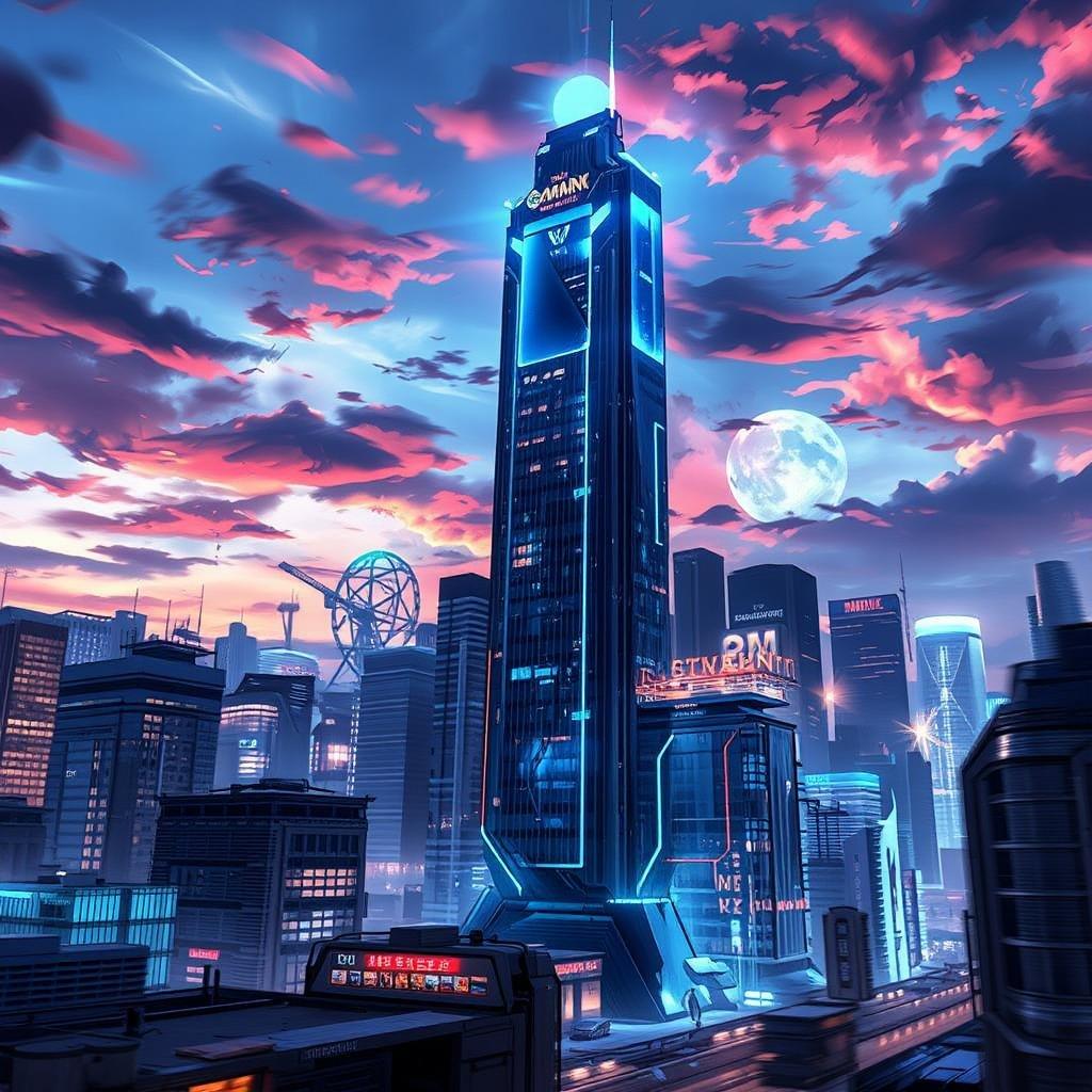 This anime cityscape at dusk is a breathtaking digital illustration that captures the essence of a futuristic metropolis. The neon-lit skyscraper takes center stage, its blue and green glow illuminating the surrounding landscape. Smaller buildings with lights on add depth to the scene, while the blurred effect creates a sense of motion, drawing the viewer's attention to the towering structures.