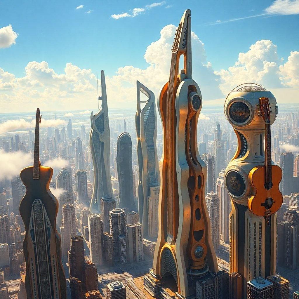 An artistic rendering of a city skyline, where music instruments are integrated into the architecture in a futuristic setting.