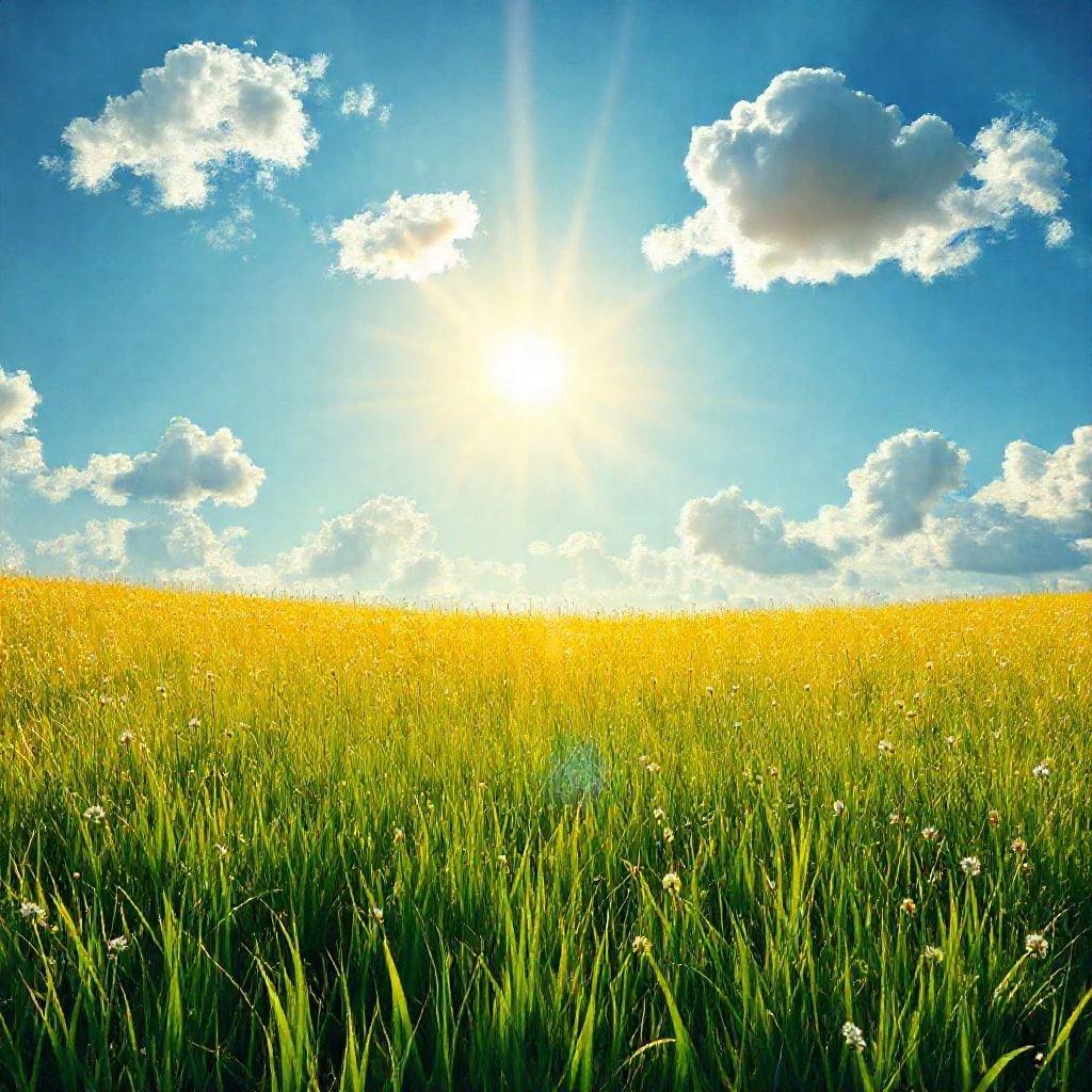 This image captures the essence of a serene summer day, with a vast field of green grass stretching out towards a brilliant blue sky dotted with fluffy white clouds. The sun shines brightly overhead, casting a warm glow over the entire scene. The image exudes a sense of peace and tranquility, inviting the viewer to step into its idyllic world.