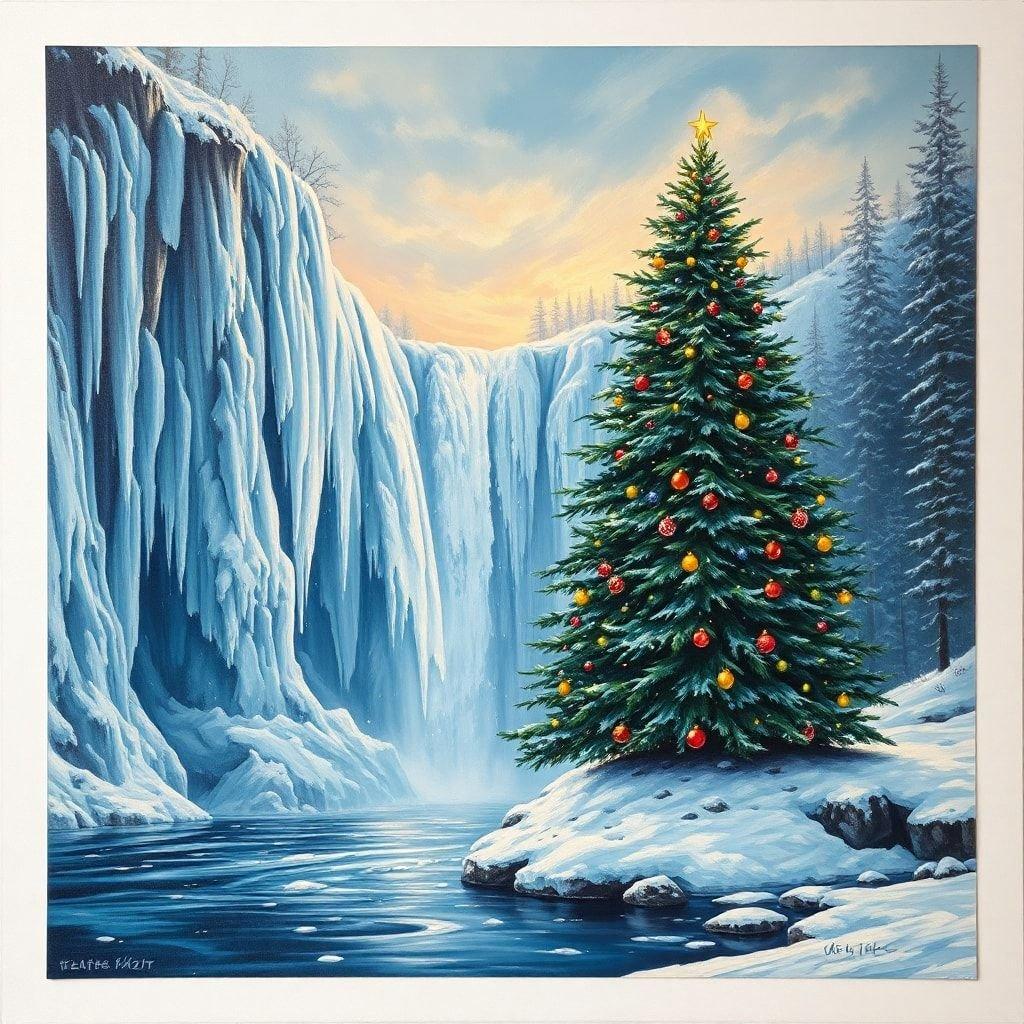 Step into a winter wonderland with this stunning Christmas scene. A majestic Christmas tree stands tall, its branches heavy with ornaments and a star shining brightly at the top. The snow-covered rocks and frozen waterfall create a serene backdrop, while the warm colors of the sky add a touch of magic to the scene.