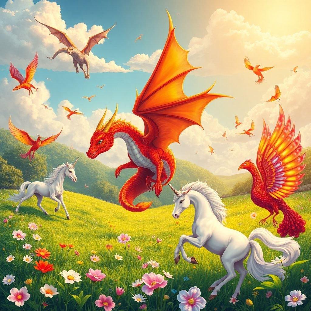 A lively scene from a magical world, featuring dragons and unicorns playing together in a vibrant field.