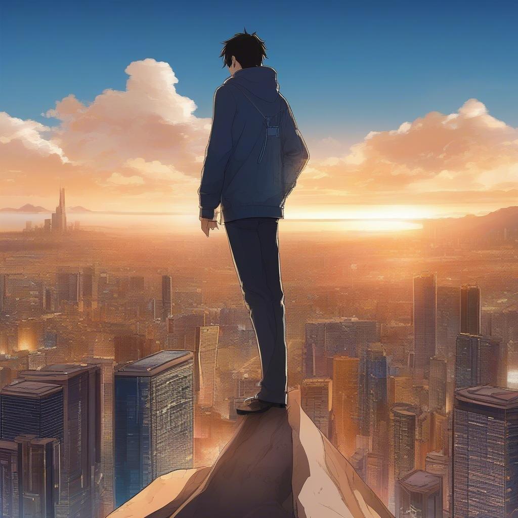 Immerse yourself in the vibrant world of anime with this stunning cityscape wallpaper, featuring a lone vigilante perched atop a skyscraper, emitting an aura of mystery and intrigue.