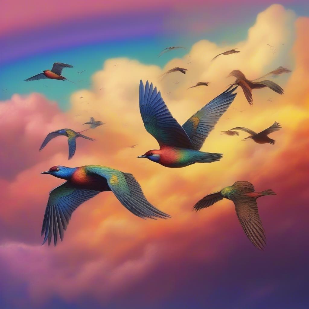 Un groupe d'oiseaux vibrants s'élevant à travers un ciel pastel, capturé dans un style artistique rêveur avec des nuages doux et des coups de pinceau délicats.