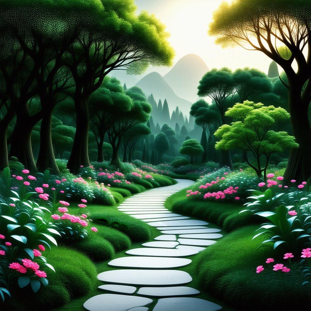 Walk into the heart of a mystical forest, where winding paths are lined with blooming flowers and ancient trees stand as guardians. This tranquil scene transcends reality, inviting you to imagine an otherworldly escape amidst nature's beauty.