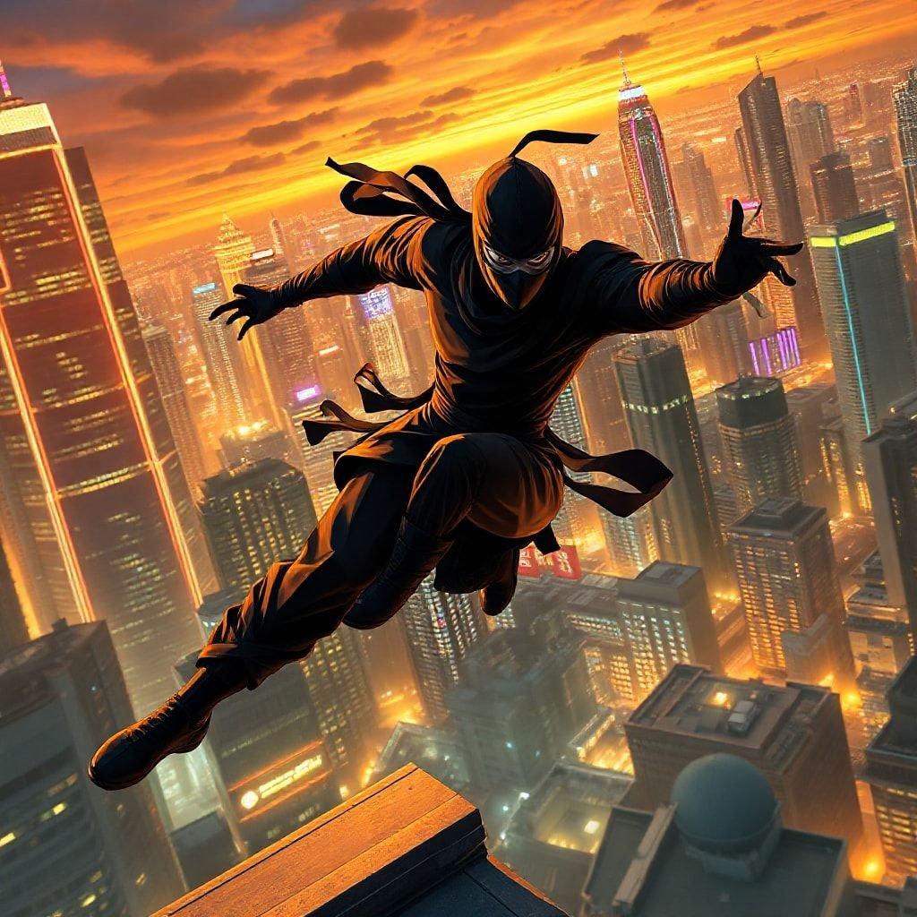 Questo straordinario sfondo in stile anime presenta un personaggio ninja che salta in aria di fronte a un'incredibile skyline cittadina al tramonto. La posa dinamica e i colori vivaci creano un senso di energia e movimento, rendendo questa immagine perfetta per i fan degli anime ricchi di azione.