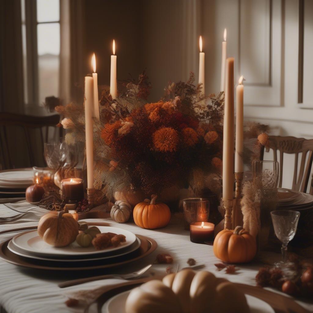 A beautifully arranged festive table setting for Thanksgiving, with autumn colors and warm candlelight ambiance.