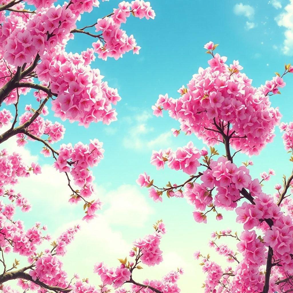 Dieses atemberaubende Wallpaper zeigt einen schönen Kirschbaum in voller Blüte, mit zarten rosa Blüten und grünen Zweigen vor einem ruhigen Hintergrund. Perfekt, um Ihrem Desktop oder mobilen Gerät einen Hauch von Eleganz und Ruhe zu verleihen.