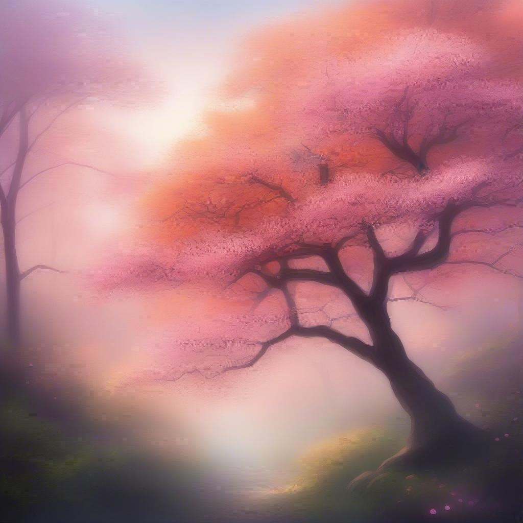 Immerse yourself in the serene beauty of this anime-style wallpaper, featuring a stunning sakura tree with vibrant pink and orange flowers set against a misty forest backdrop.