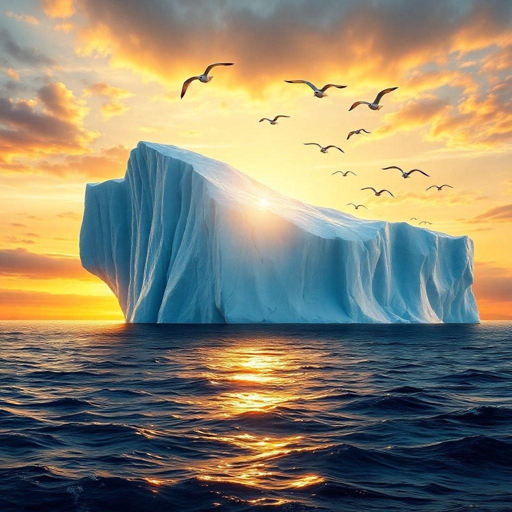 This stunning image captures the breathtaking beauty of an iceberg floating in the ocean, set against the backdrop of a vibrant sunset. The iceberg's towering peak stretches towards the sky, its surface glistening with a subtle sheen as the sun's rays dance across its frozen expanse. The surrounding ocean, a deep shade of blue, stretches out to the horizon, meeting the sky at a gentle curve. The sky itself is ablaze with hues of orange, pink, and purple, as the sun dips below the horizon, casting a warm glow over the entire scene. The image is a testament to the awe-inspiring power and beauty of nature, inviting the viewer to step into its serene and majestic world.