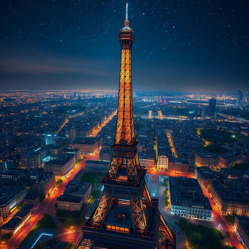 Captivating nighttime shot of the iconic Eiffel Tower in Paris, France. The city lights add to the charm and beauty of this world-renowned landmark.