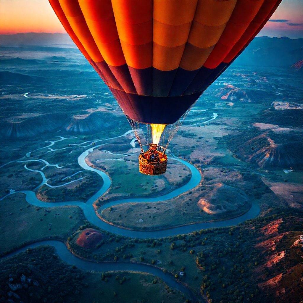 A serene and breathtaking scene of a hot air balloon soaring over a picturesque river valley, capturing the essence of freedom and adventure.