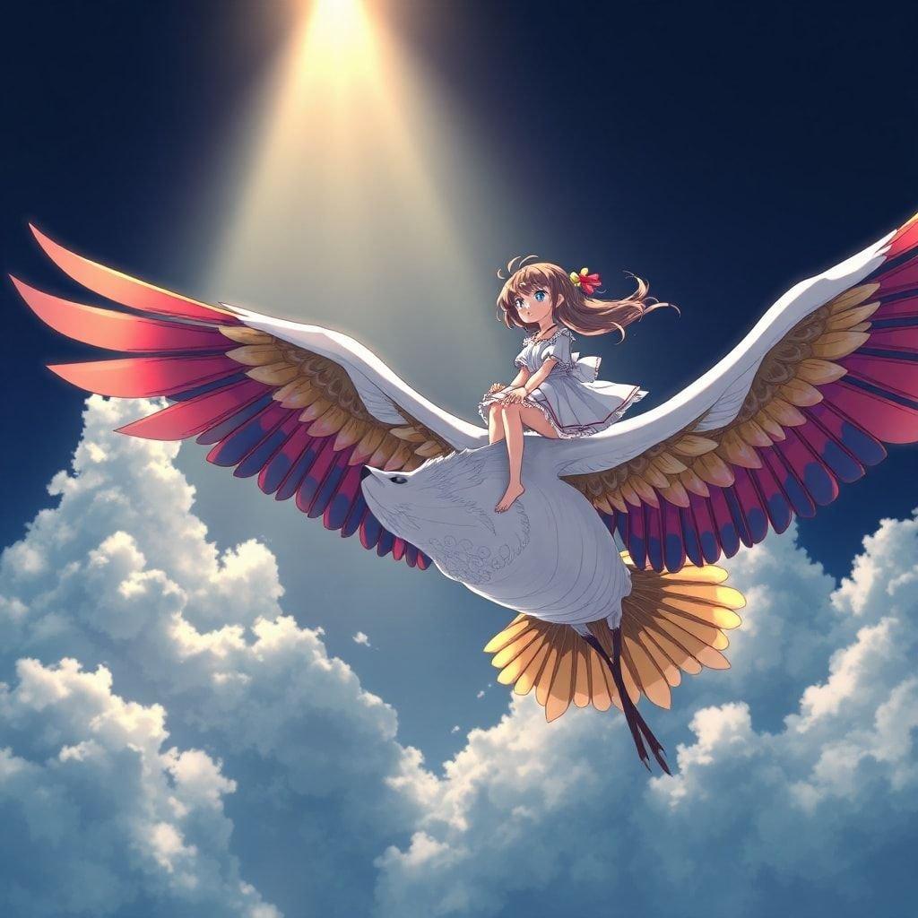 A stunning anime illustration of a young girl riding on the back of a giant flying crane, set against a dark background with vibrant colors and intricate details.