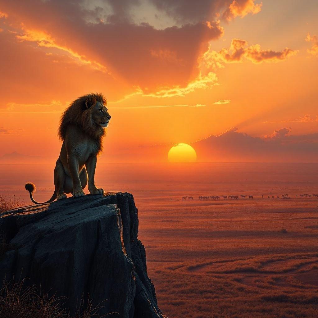 Un maestoso leone si erge con sicurezza su una scogliera che sovrasta una vibrante savana durante un bellissimo tramonto. Questa scena dinamica cattura l'essenza del Re Leone, evocando un senso di avventura e la bellezza della natura.