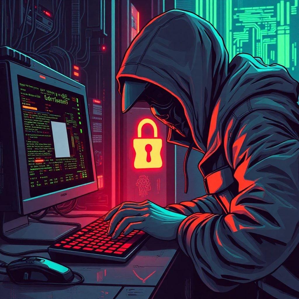 A hacker in the midst of an operation, breaking into secure systems.