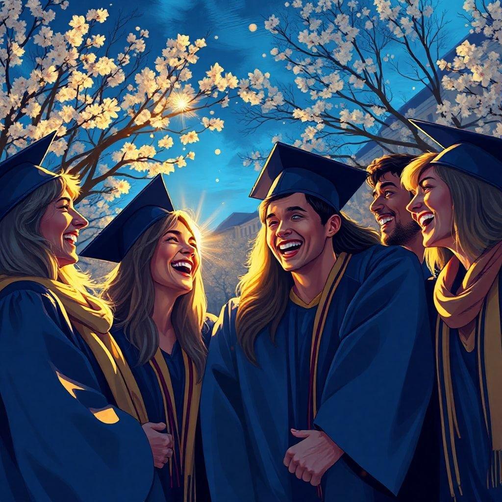 A heartwarming scene of four friends celebrating their graduation day, surrounded by blooming trees and the warmth of the sun.