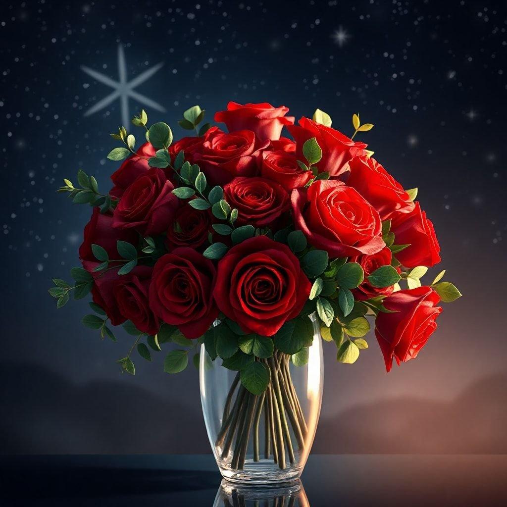 A bouquet of red roses, perfect for Valentine's Day or a romantic gesture. The clear glass vase lets the beauty of the flowers shine through.