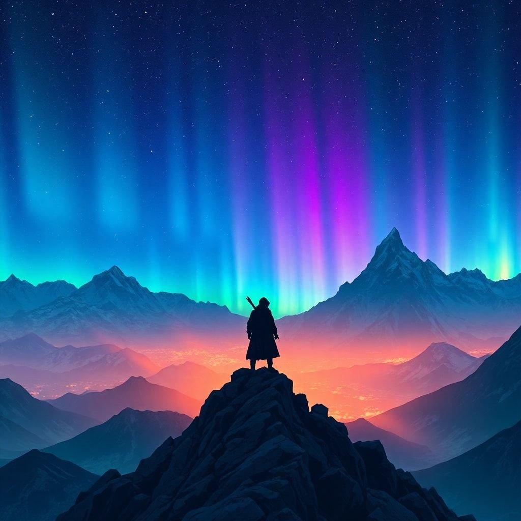 Experience the breathtaking beauty of an anime-inspired aurora borealis display on a majestic mountain peak, with a lone ninja standing in awe on a rocky outcrop.