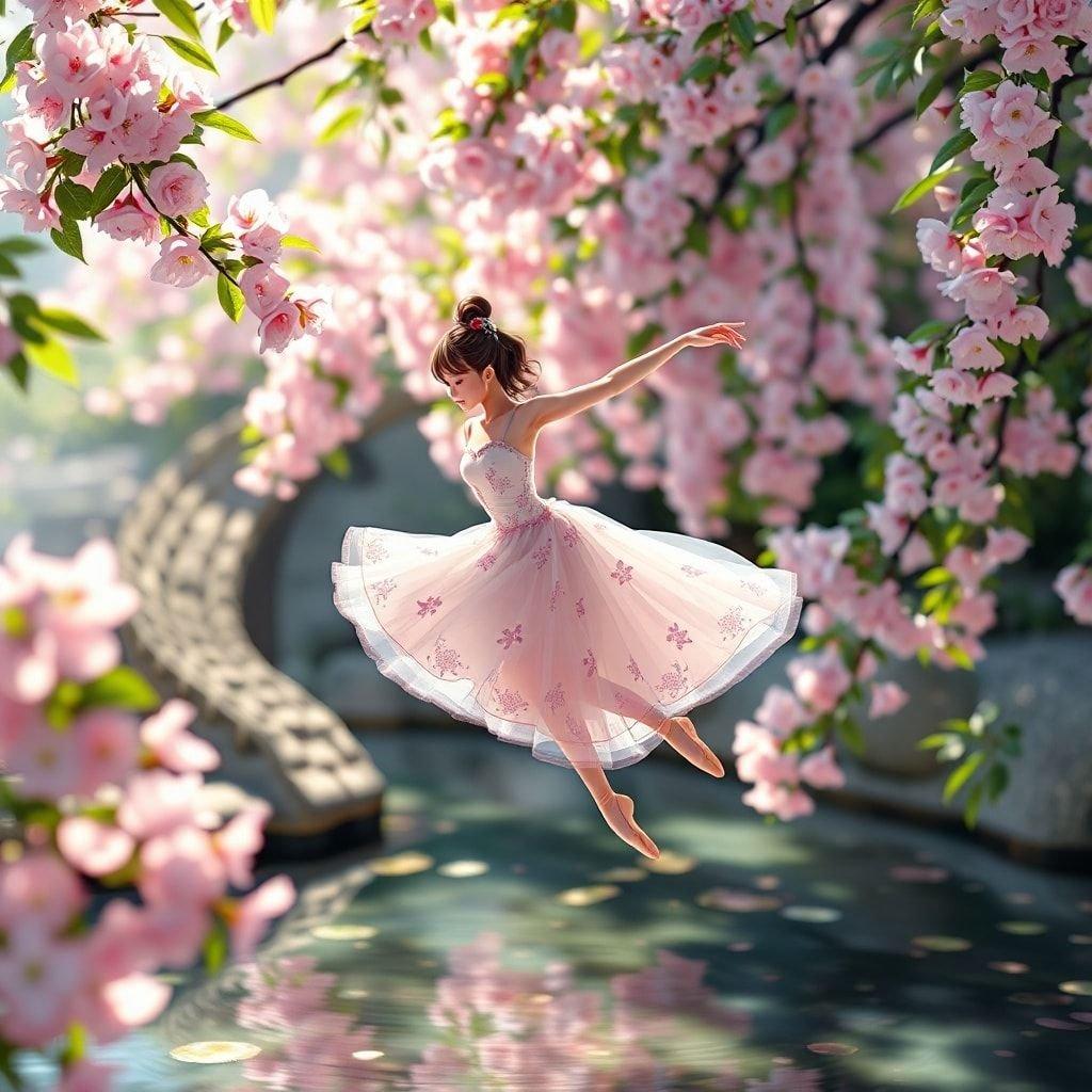 A captivating digital illustration of a ballerina in a serene Japanese garden, surrounded by delicate pink and white flowers with intricate patterns.