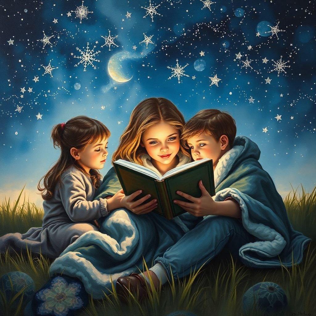 Celebrate Mother's Day with this heartwarming image of a mother reading to her children under the stars.