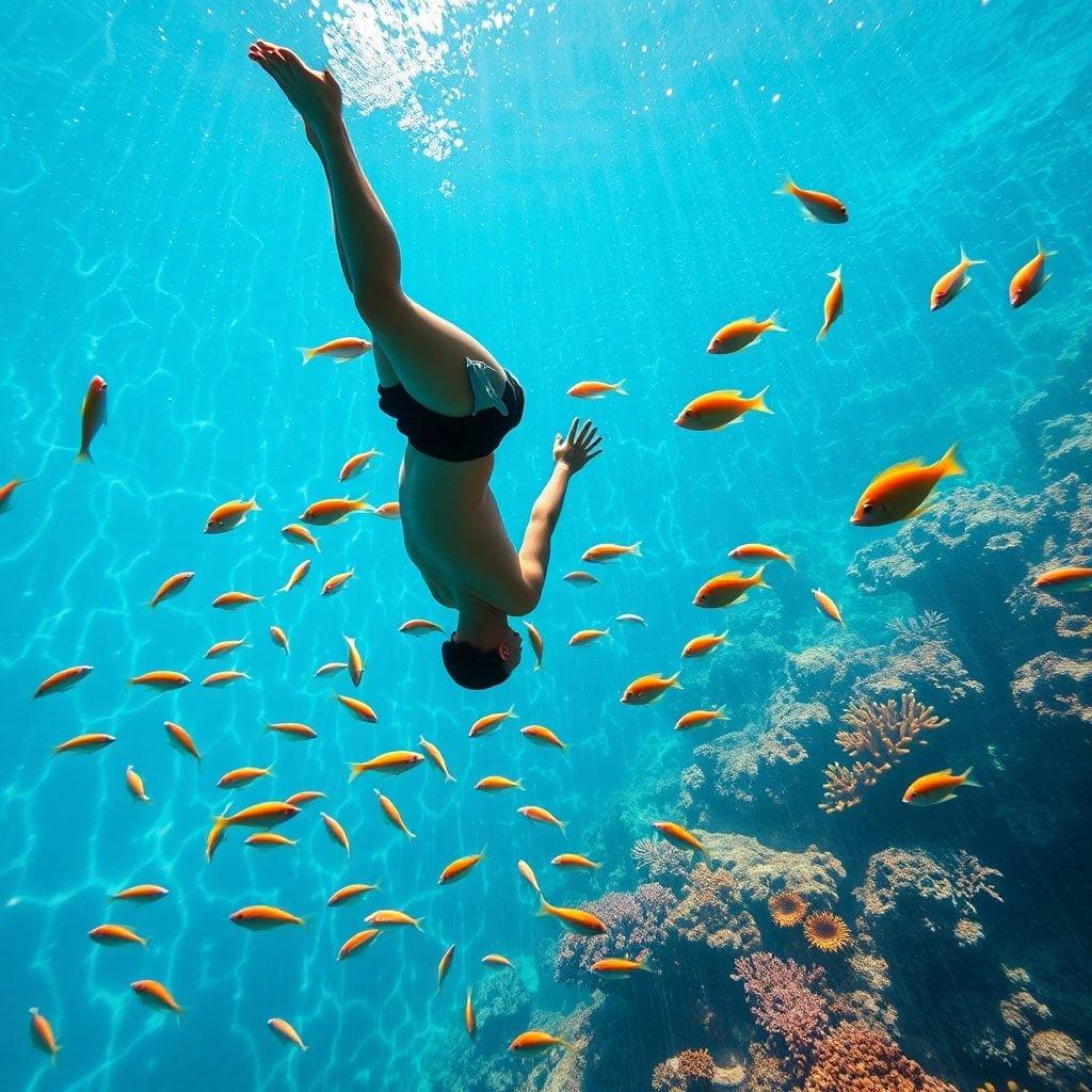 A person immersed in an aquarium filled with vibrant fish, exploring the underwater world.