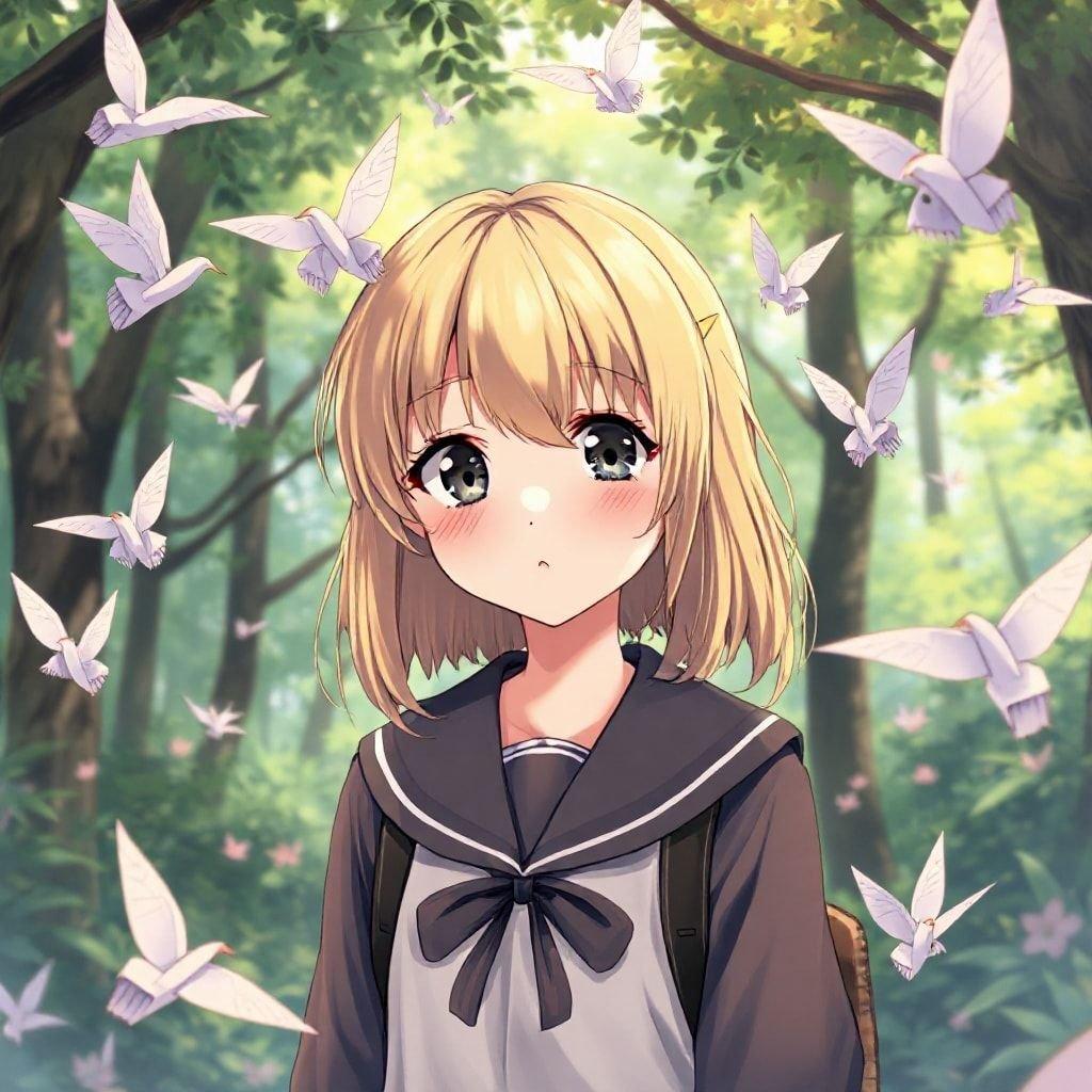 In the tranquil forest, a shy schoolgirl is surrounded by a flock of origami birds. The gentle flutter of their wings creates a magical ambiance as the girl sits amidst nature's beauty.