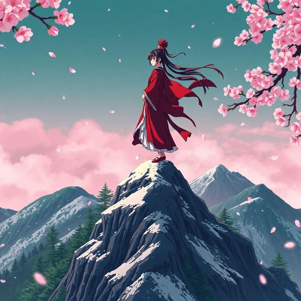 This captivating anime illustration features a young samurai standing proudly on a mountain peak, surrounded by the serene beauty of nature. The striking red and white body of the samurai stands out against the dark green and white background, creating a visually stunning contrast. The pink and white hues of the image add a touch of whimsy, while the cherry blossoms bring a sense of wonder and magic to the scene.