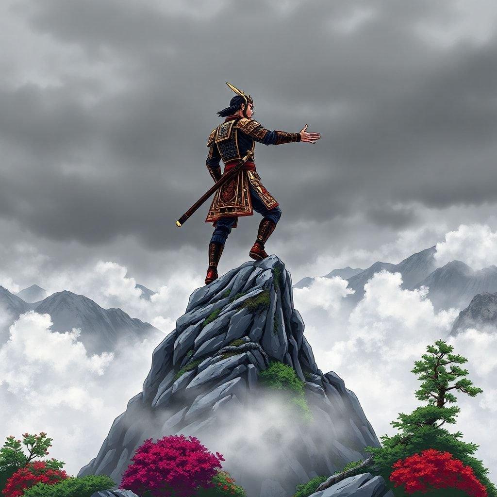 Get ready to be transported to a world of epic battles and heroic deeds with this stunning anime wallpaper featuring a samurai warrior standing tall on a misty mountain peak.