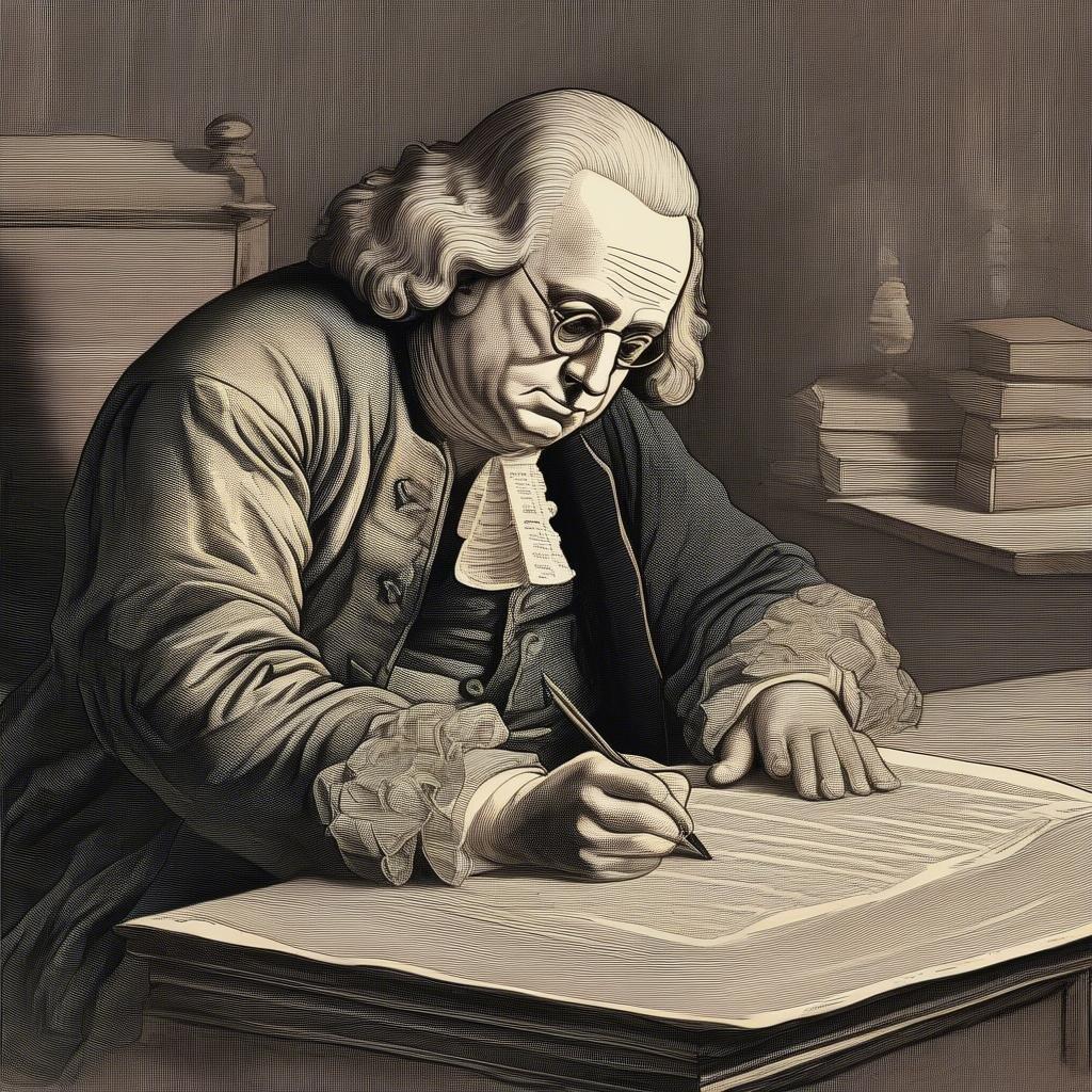 In this illustration, we see Benjamin Franklin, a key figure in the American Revolution, known for his signature glasses and contributions to the Declaration of Independence. He appears deep in thought, perhaps considering the challenges faced by the young nation. His attire is characteristic of the time period when the United States was born.