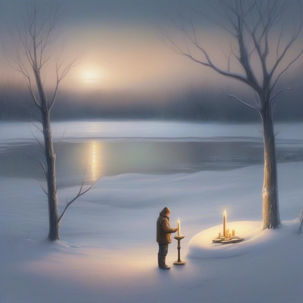 A peaceful winter scene with a person holding a lit candle, surrounded by other candles, evoking a sense of calm and reflection.