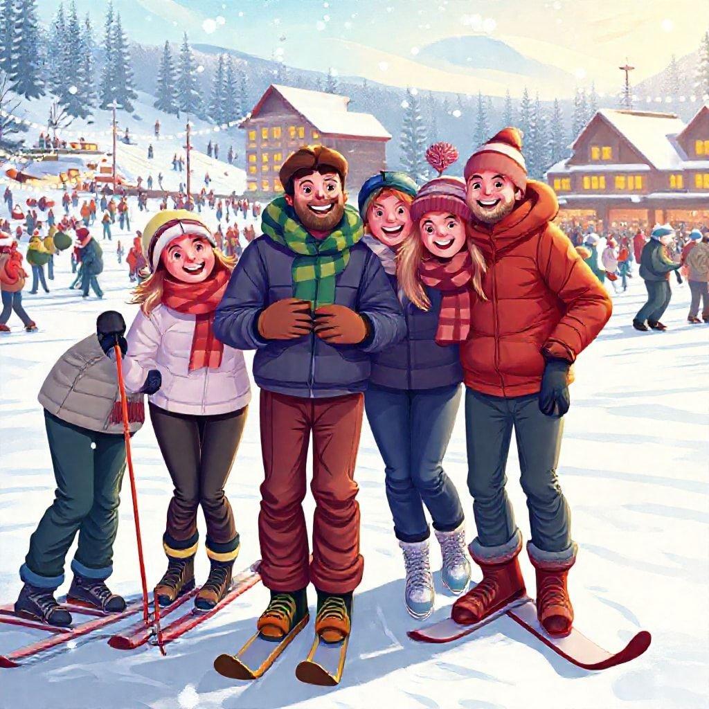 This festive winter wallpaper captures the joy of a family enjoying a day on the slopes together. The image is set against a backdrop of a snowy mountain range, with the sun shining down on the scene. The family is dressed in warm winter clothing, with the father and mother smiling as they pose for a photo with their children.