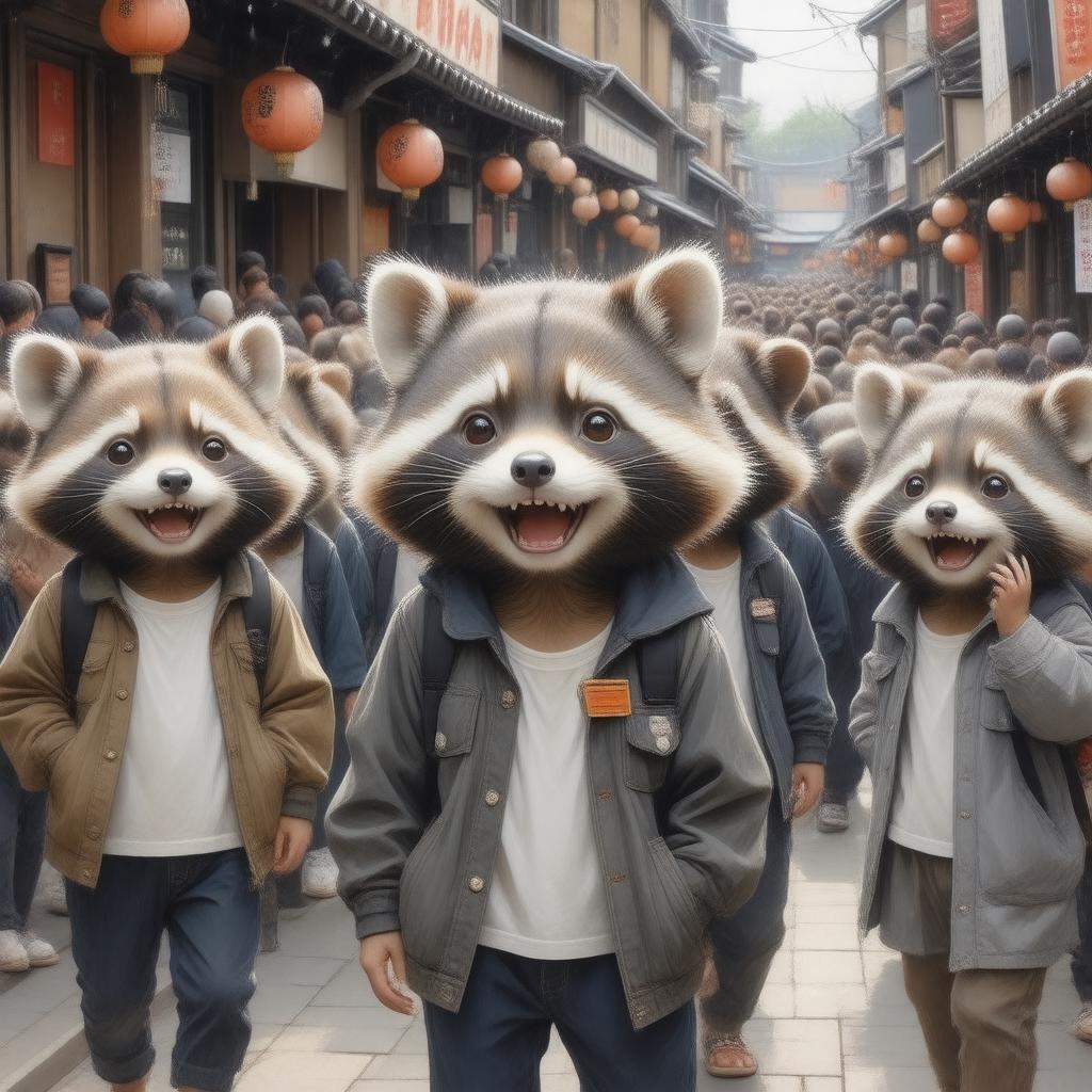 Get ready to laugh out loud with this mischievous group of tanuki, dressed in casual attire, standing on a bustling street. Their heads up, they're playing pranks, while a blurred background adds depth to the scene. This lively wallpaper captures a lively town atmosphere, perfect for desktop and mobile use.