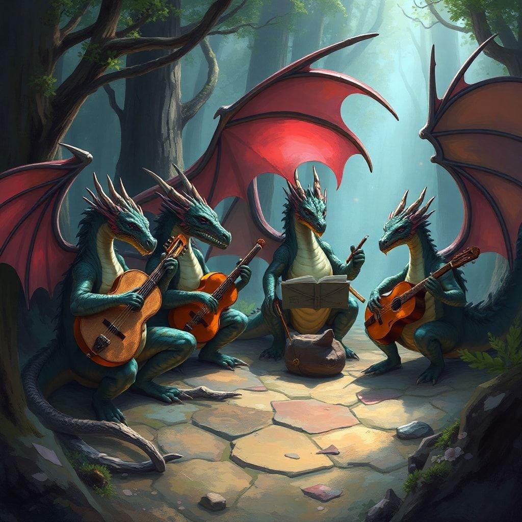 A quartet of dragons with wings raised, playing instruments in a whimsical forest setting. They are gathered around a tune sheet, seemingly in the midst of a lively performance. This is an artistic illustration of a fantastical scene from myth and legend.