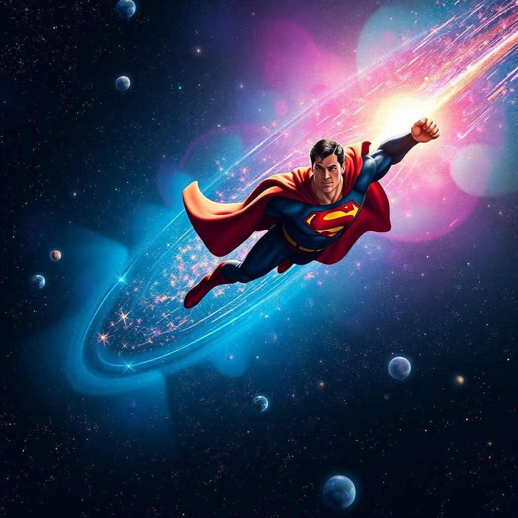 Exploring the cosmos, Superman flies towards an unknown galaxy, embodying adventure and the spirit of discovery. Part of the 'Comic Legends' collection.