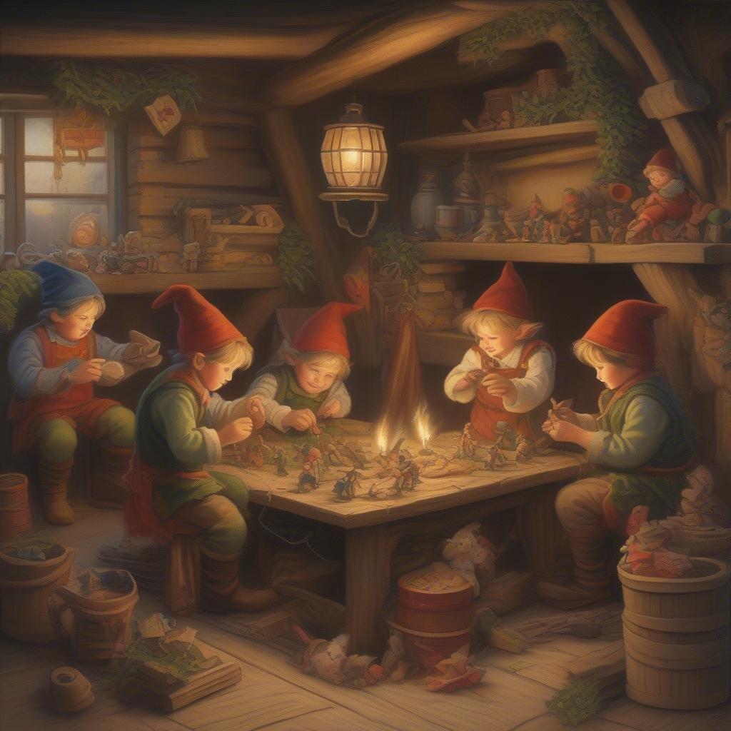 Get into the holiday spirit with this adorable wallpaper featuring Christmas elves hard at work in their workshop. The festive scene is perfect for decorating your desktop or mobile device this holiday season.