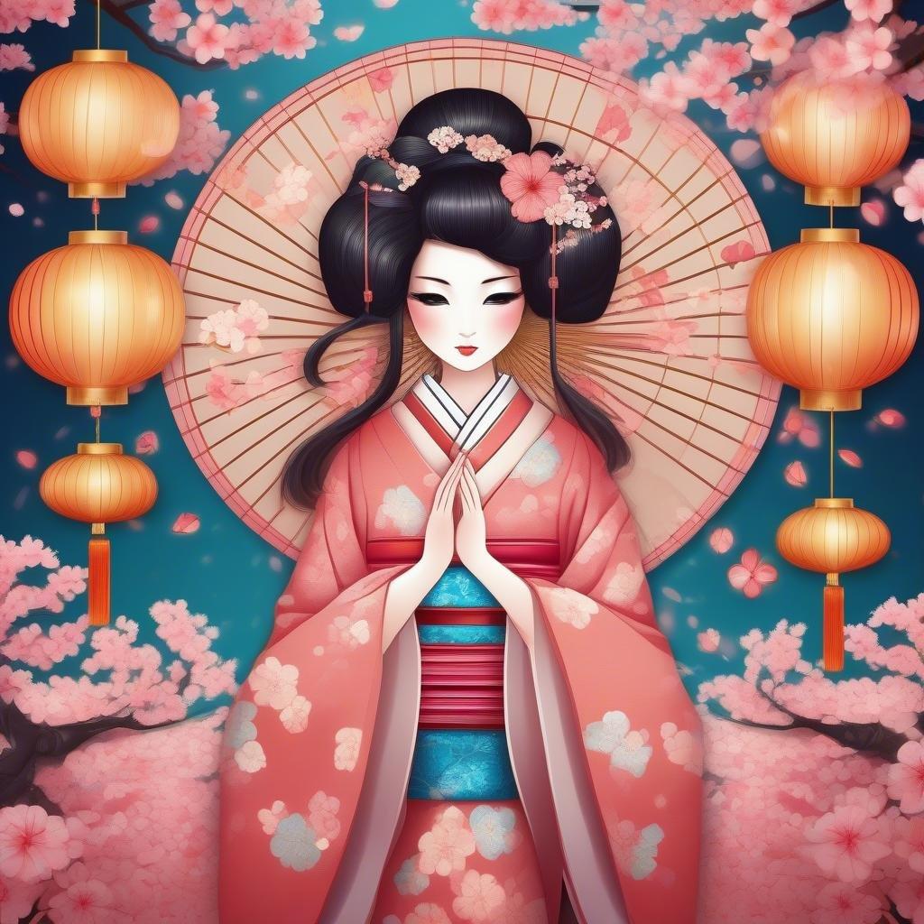 Immerse yourself in the vibrant world of anime with this stunning wallpaper featuring a geisha surrounded by paper lanterns and cherry blossom petals.