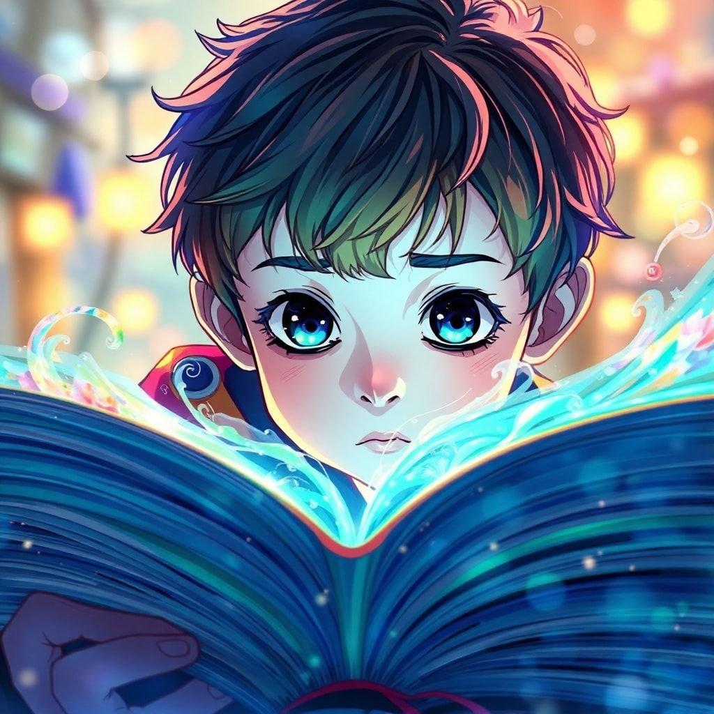 Questa affascinante illustrazione anime presenta un giovane ragazzo, il cui volto è parzialmente nascosto tra le pagine, catturando un mondo magico con un'atmosfera magica. L'illustrazione cattura un momento di tranquillità, con uno sfondo sfocato, concentrandosi sul viaggio avventuroso del ragazzo.