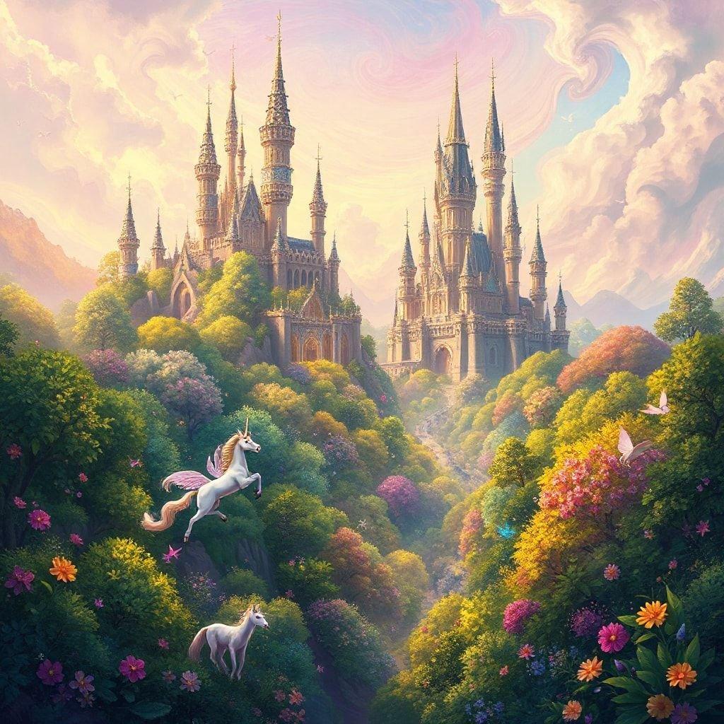 A magical landscape featuring a majestic castle in the background, with a unicorn playfully galloping amidst vibrant flora and fauna.