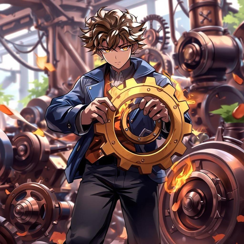 This captivating anime-style illustration features a steampunk inventor surrounded by intricate gears and machinery, exuding a sense of creativity and innovation.