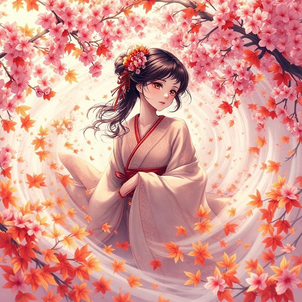 Tauchen Sie ein in die bezaubernde Welt des Anime mit diesem fesselnden Wallpaper, das eine zarte Geisha zeigt, die in einem Strudel aus Kirschblüten und Herbstblättern schwebt.