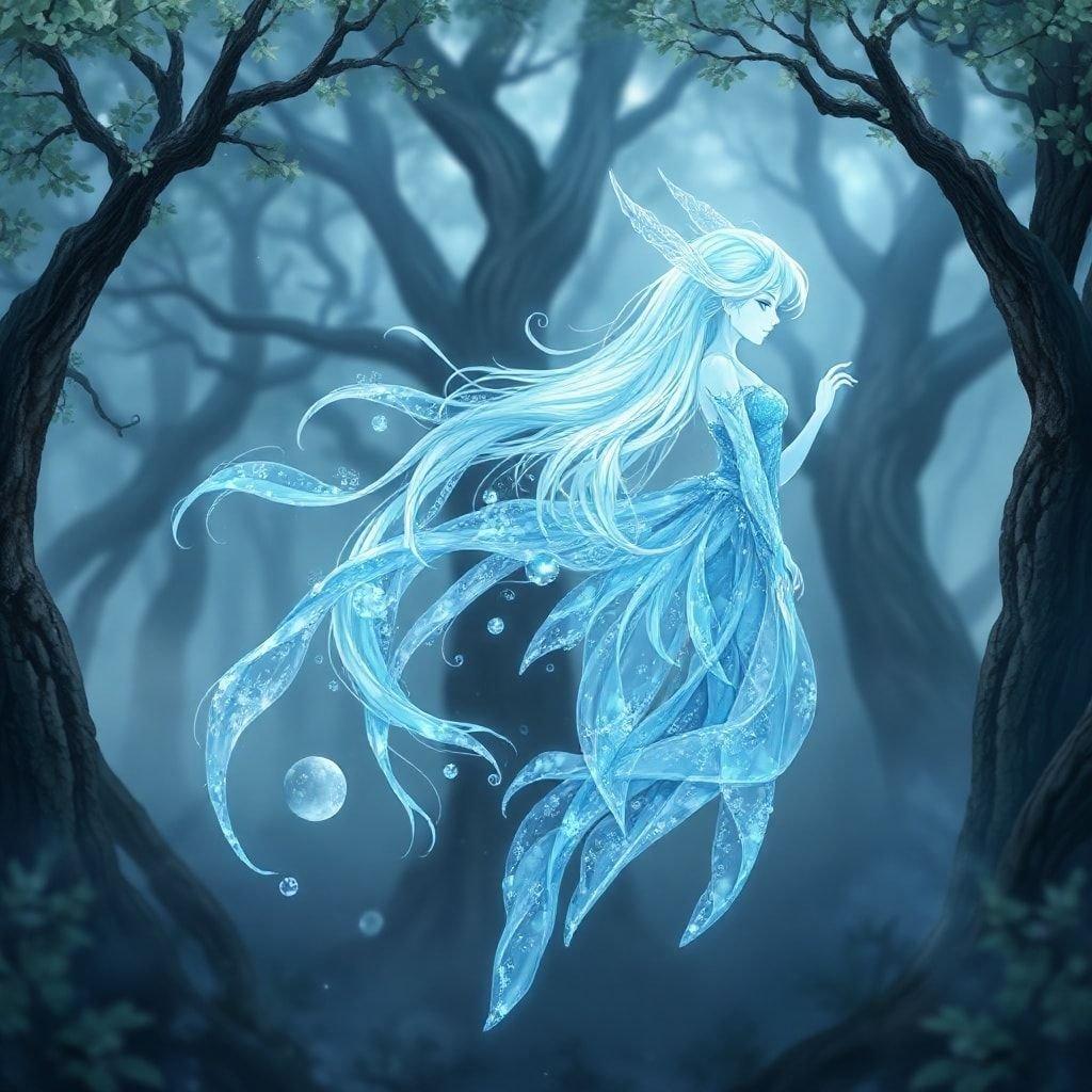 This captivating anime illustration features a delicate water spirit set against a misty forest backdrop, with a focus on the intricate patterns and colors of the water, creating an Anime-like effect.