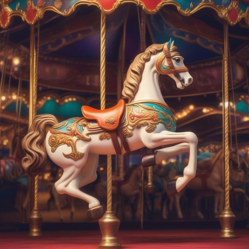 This vintage and retro scene features a beautifully crafted wooden carousel horse in motion. The intricate details on the harness, saddle, and mane evoke an atmosphere of nostalgia and elegance.