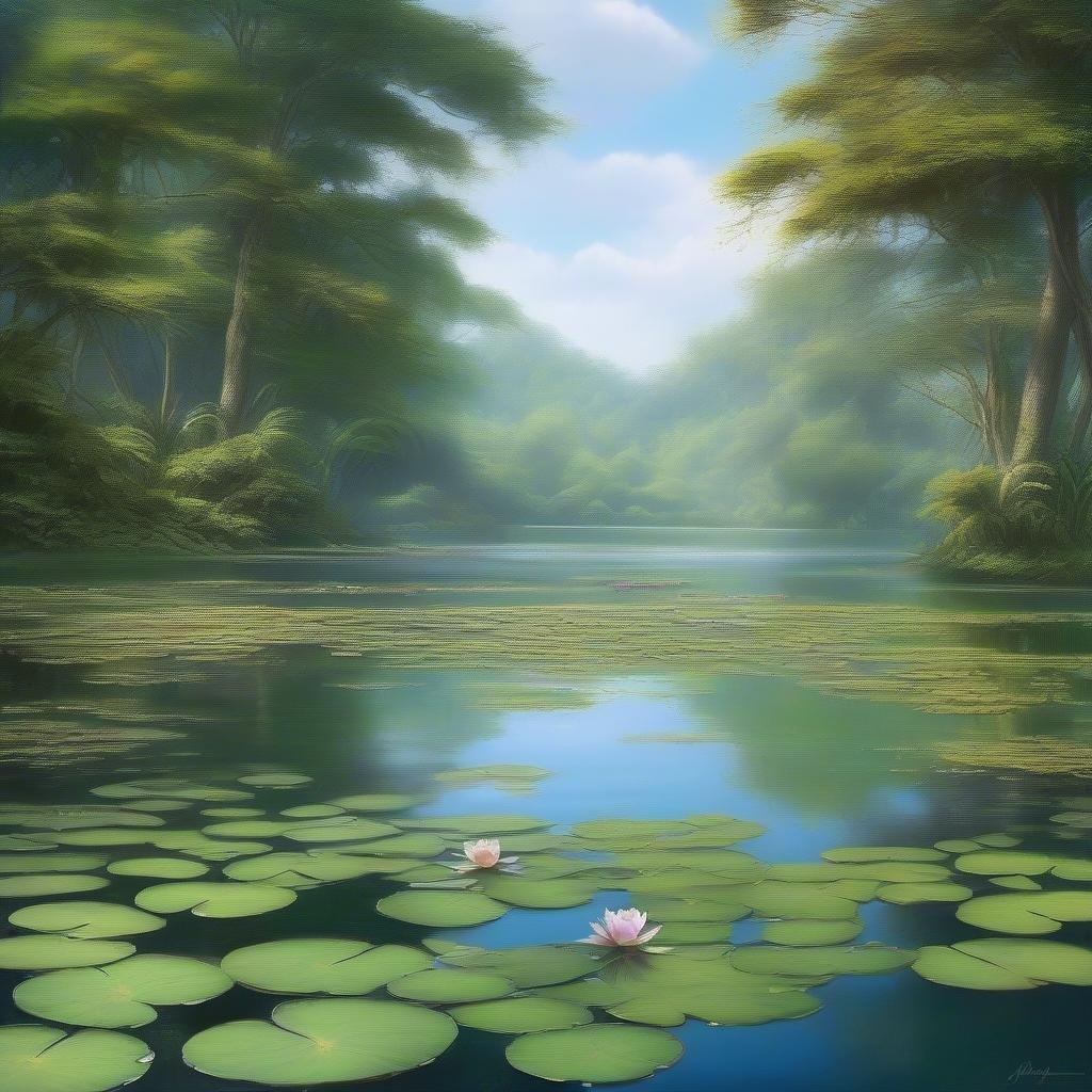 A tranquil scene of a forest-bordered lake, where the calm water is kissed by mist, and lotus flowers bloom among the lily pads.