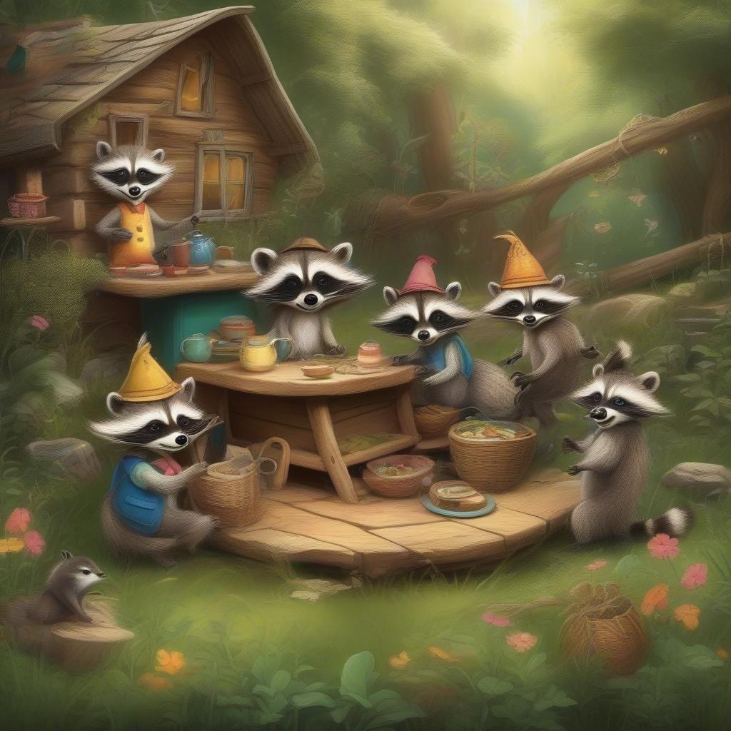 A charming scene from the forest where our little honey-loving vineyard crew are gathered around a picnic table, ready for their sweet feast! The trees stand tall and proud behind them, under the watchful eyes of the fluffy clouds. It's a delightful snapshot of friendship and honey in this magical setting.