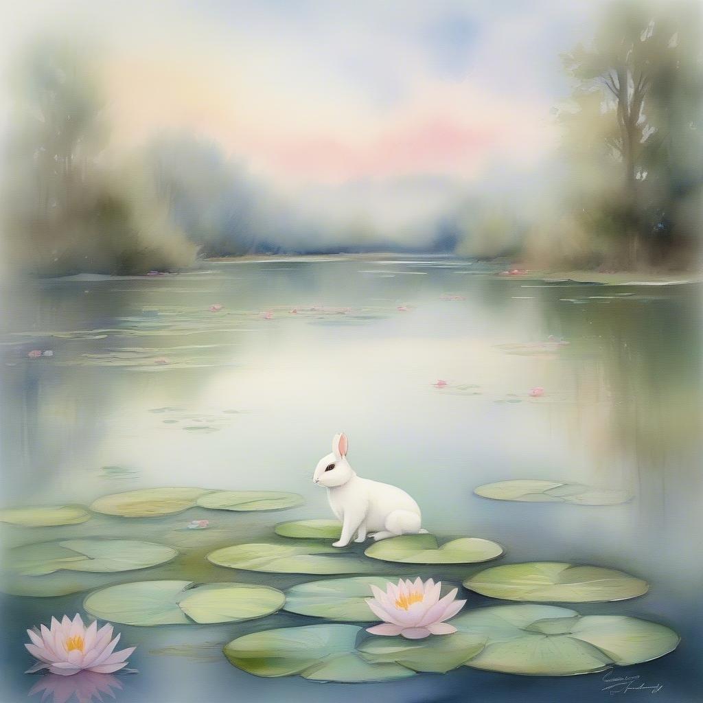 This beautiful wallpaper features a serene scene of an Easter bunny sitting on a water lily pad in a pond, surrounded by lush greenery and vibrant flowers. The soft colors and gentle atmosphere make it perfect for adding a touch of springtime charm to your desktop or mobile device.